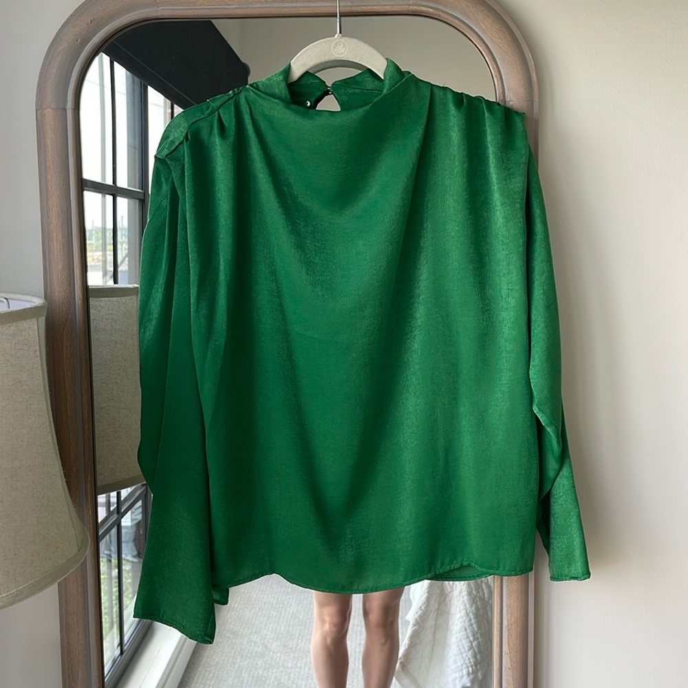 Kelly Green Synched Shoulder Mock Neck Blouse
